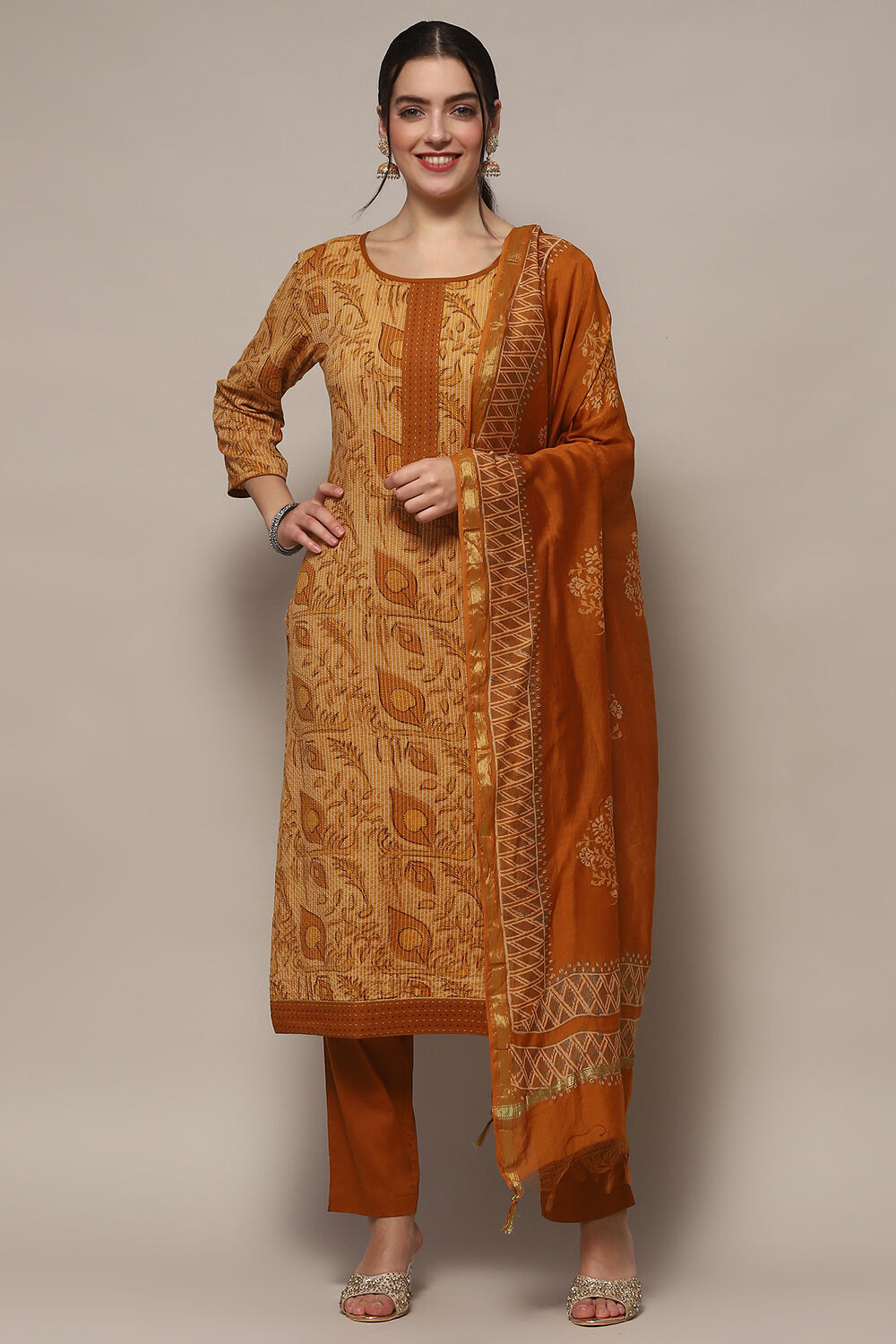 Mustard Cotton Unstitched Suit set image number 8