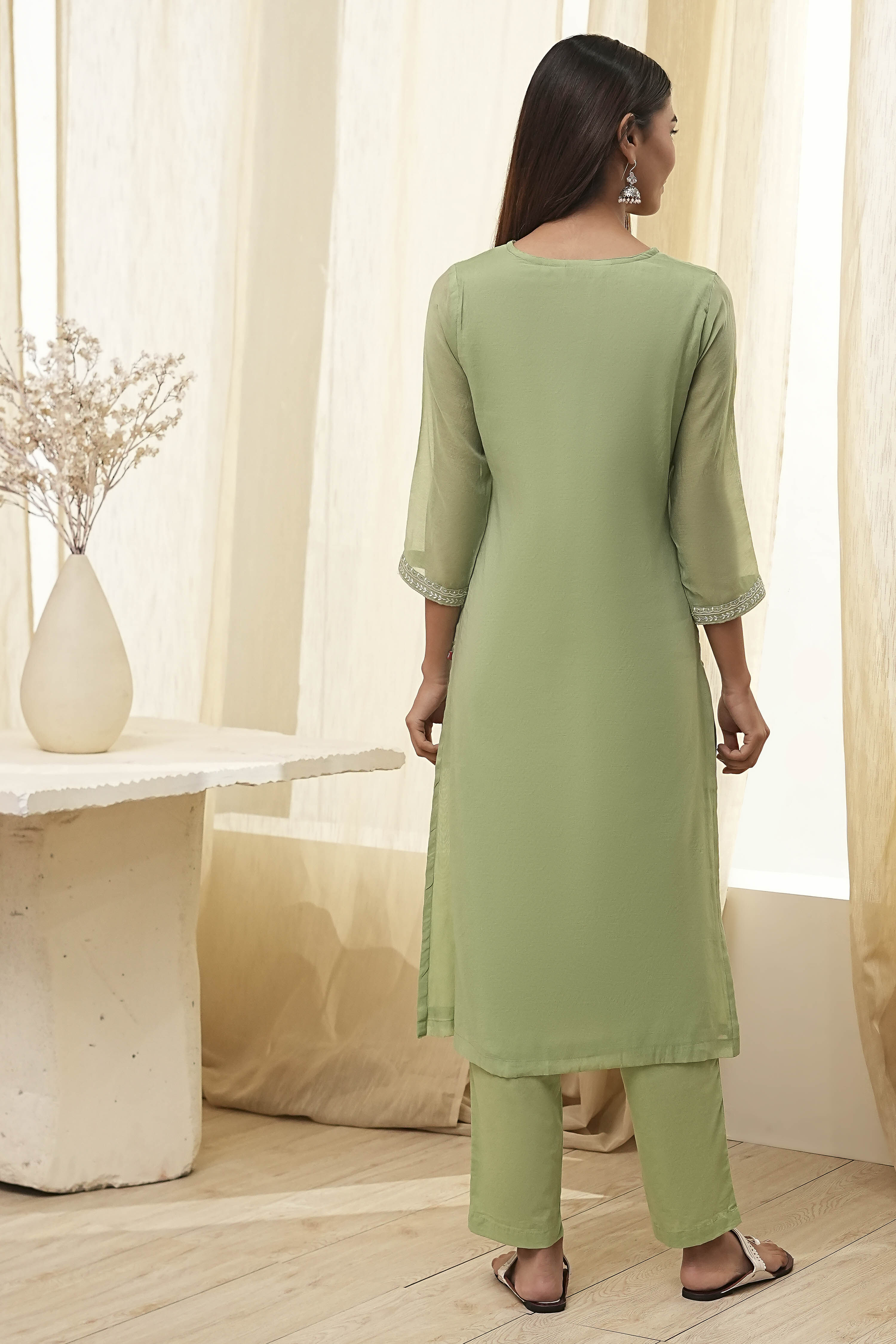 Aqua Embroidered Straight Suit Set image number 3