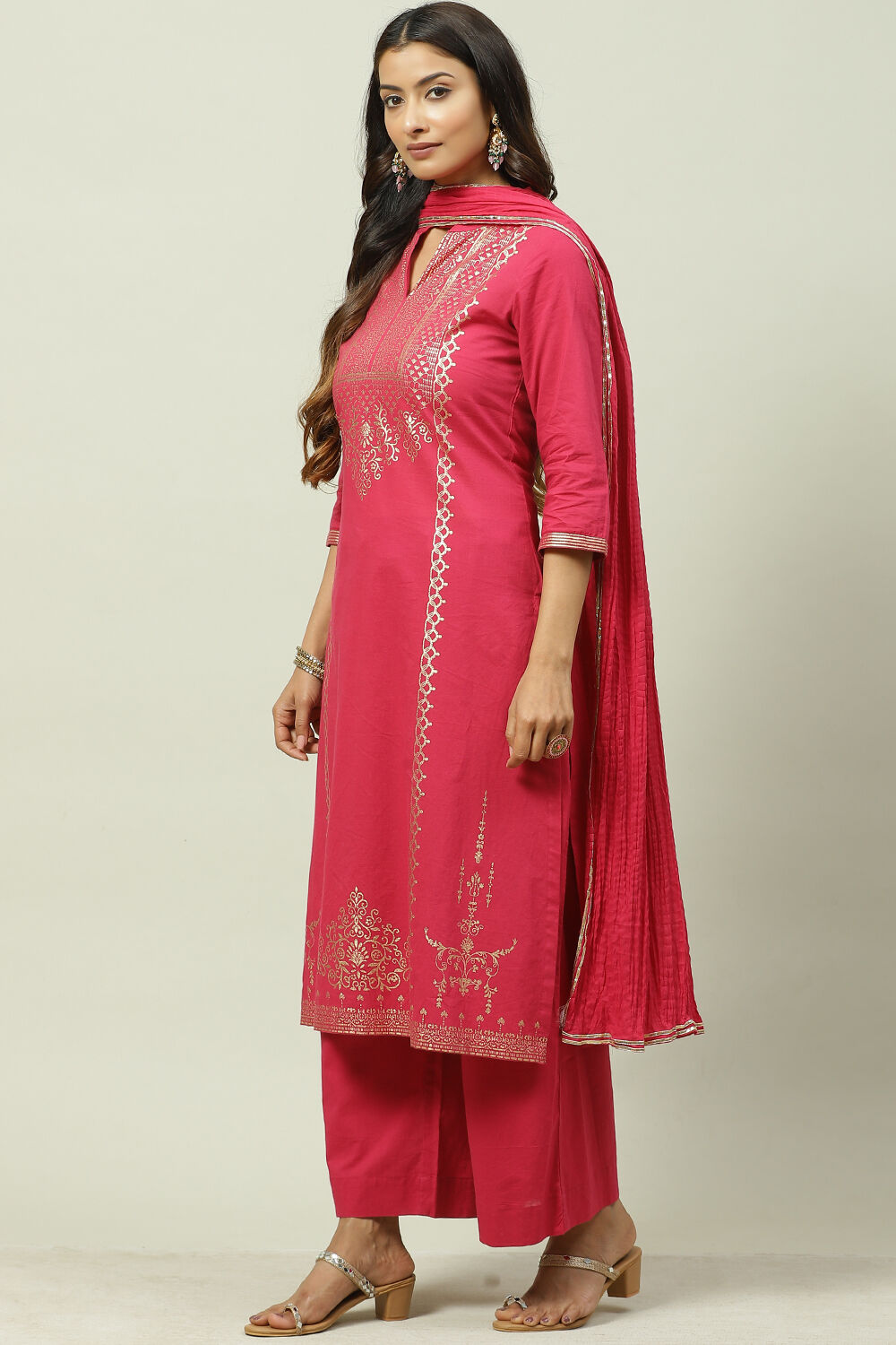 Mustard Printed Cotton Straight Kurta Palazzo Suit Set image number 5