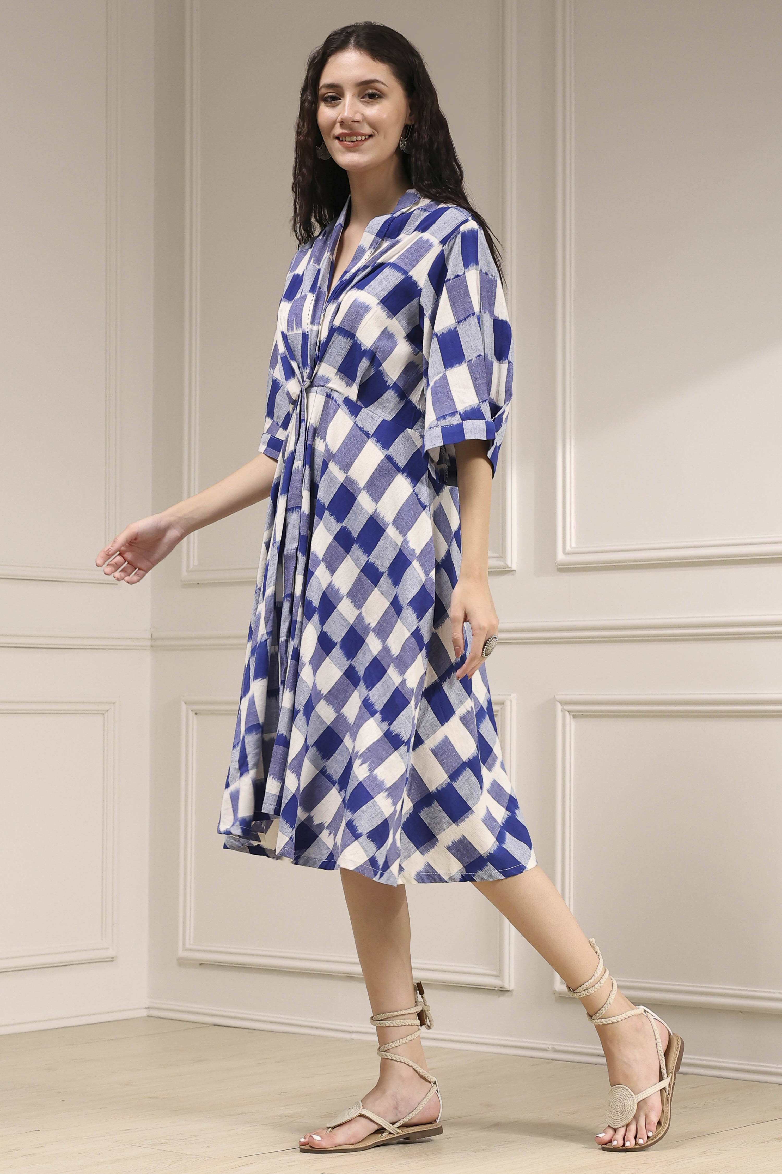 Indigo Cotton Flared Yarndyed Dress image number 2