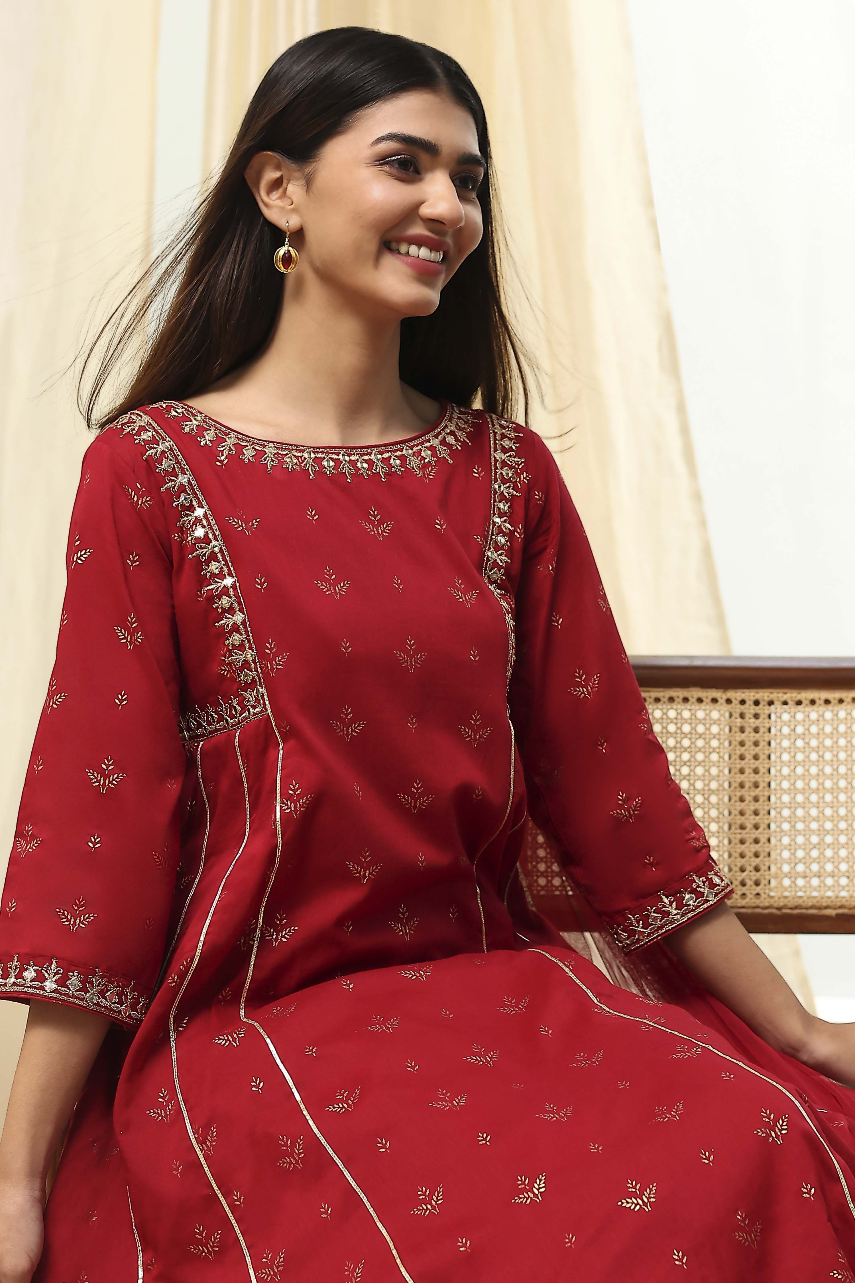 Cream-Colored Cotton Foil Printed Kalidar Suit Set image number 1