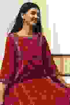 Red Cotton Foil Printed Kalidar Suit Set image number 1