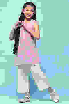 Purple Schiffli Cotton Kurta With Cropped Palazzo image number 0