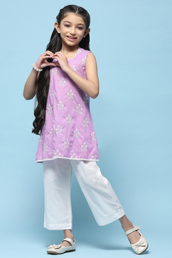 Purple Schiffli Cotton Kurta With Cropped Palazzo image number 0