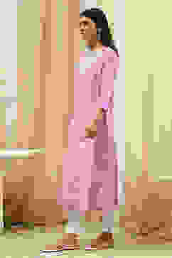 Purple Cotton Printed Straight Kurta image number 2