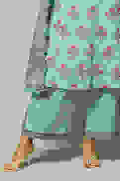 Turquoise Cotton A-Line Kurta Palazzo Suit Set image number 3