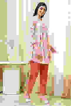 Pink Cotton Floral Flared Short Kurta image number 2