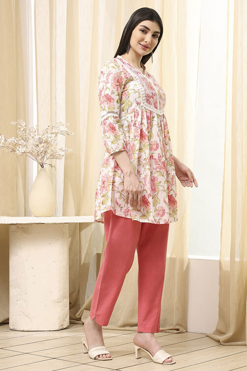 Earthy Blue Cotton Floral Flared Short Kurta image number 2