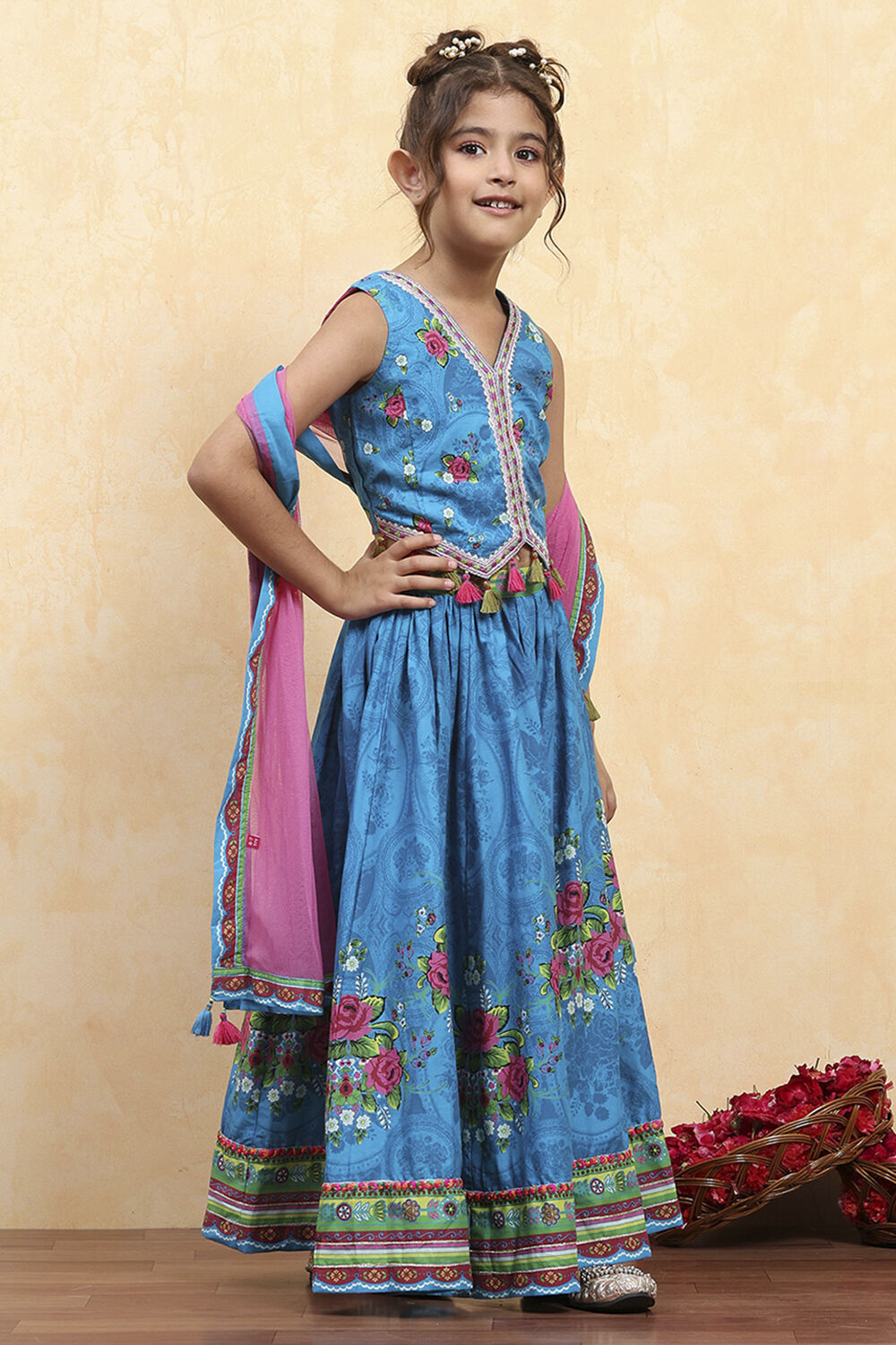 Blue Cotton Printed Straight Lehenga Set image number 5