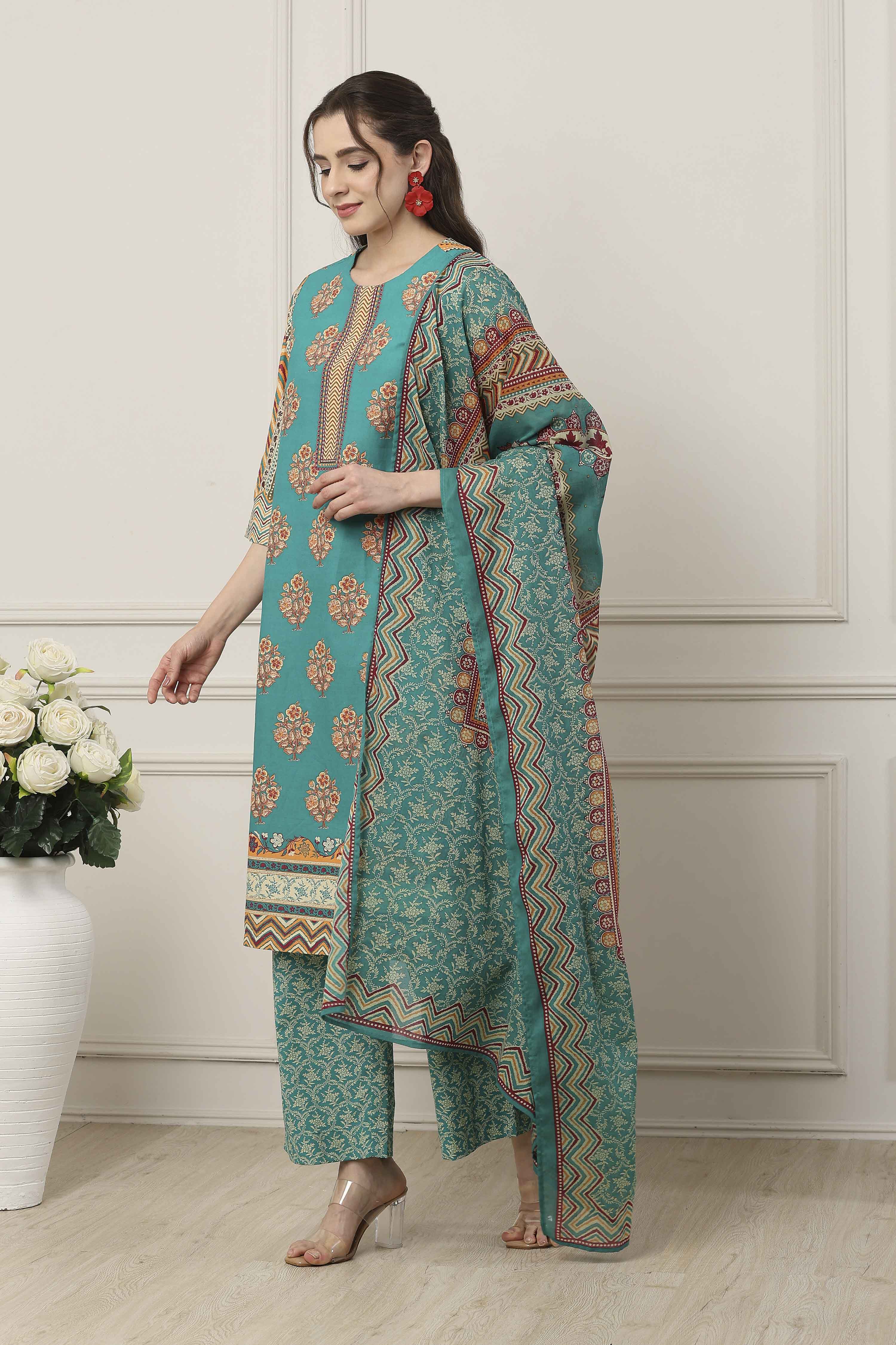 Red Cotton Floral Motifs Straight Suit Set image number 3