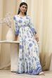 Ecru and Blue Printed Tiered Dress