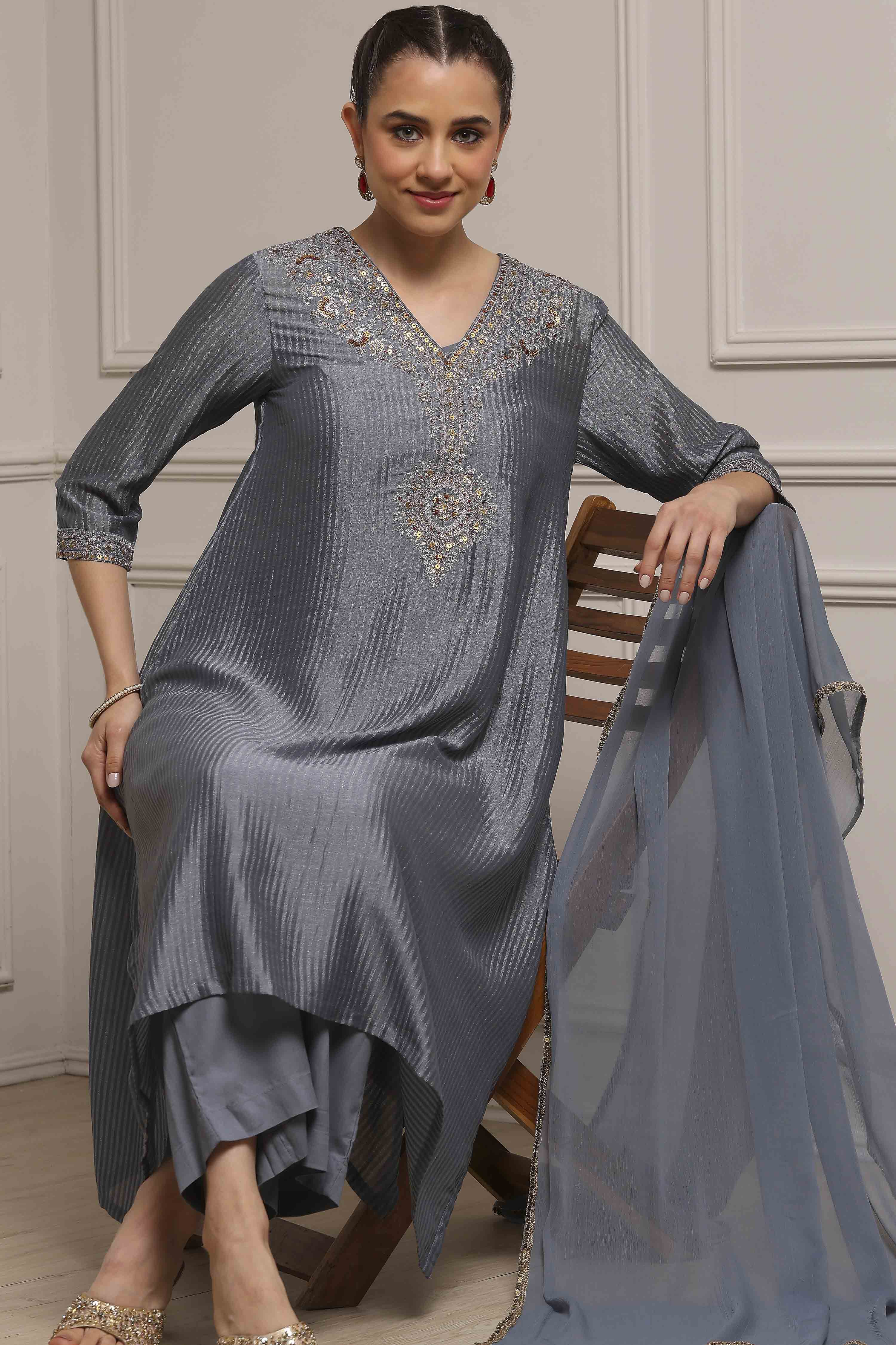 Grey Striped Straight Suit Set image number 0