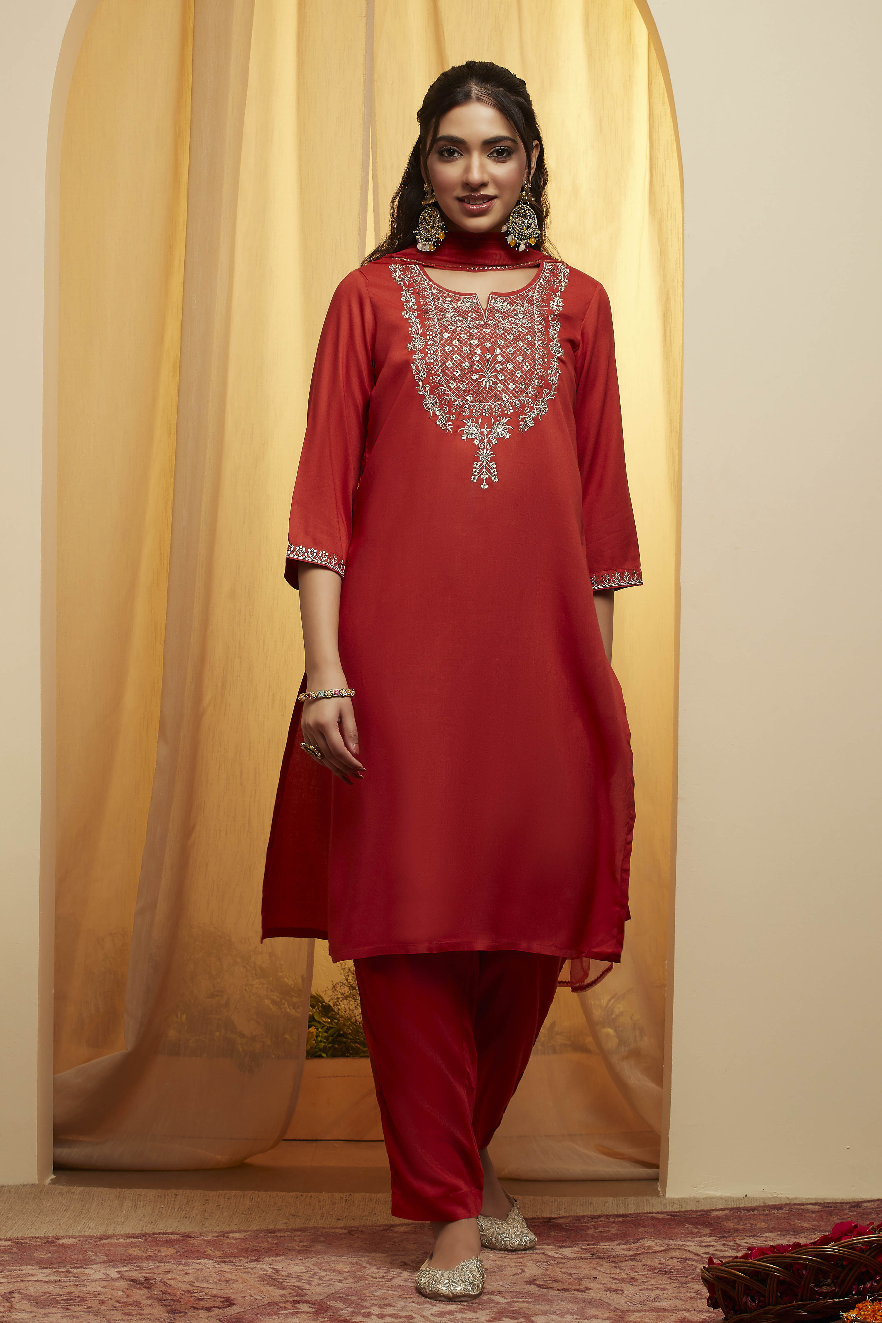 Burnt Orange Rayon Straight Kurta Pants Suit Set image number 0