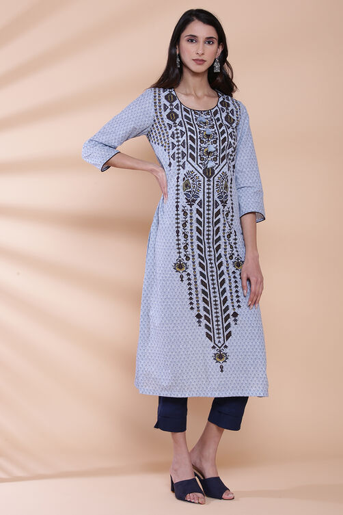 Blue Cotton Straight Printed Kurta image number 3