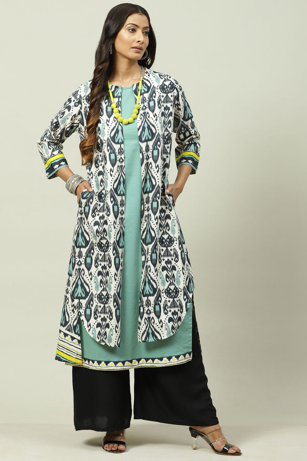 Black And Teal Rayon Printed Kurta with Jacket image number 0
