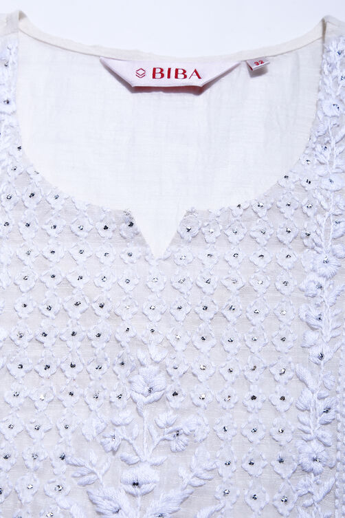Off White Art Silk Cotton Chikankari Embroidered Kurta image number 1