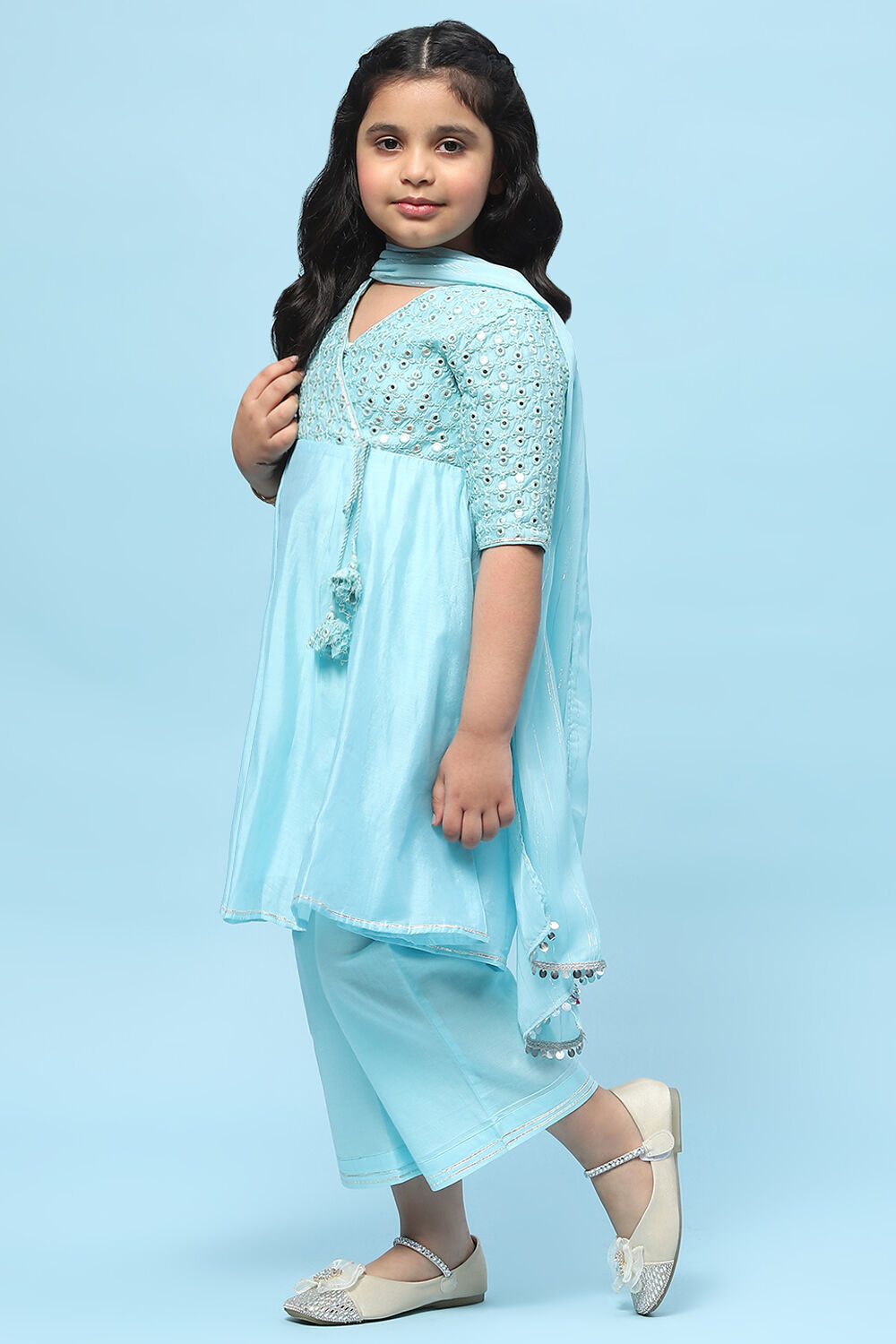 Sky Blue Poly Chanderi Mirror work A-line Suit Set image number 4