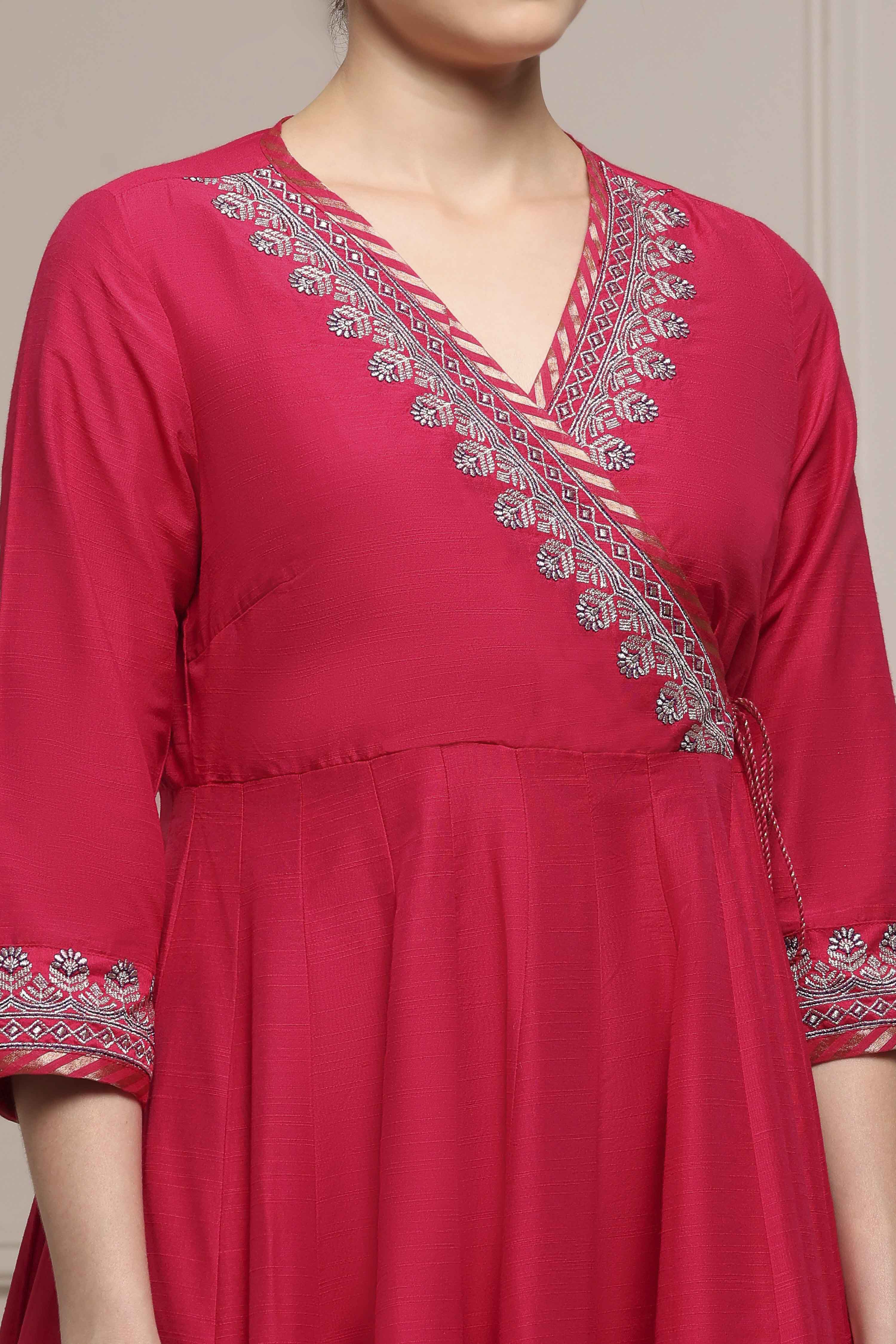 Fuchsia Embroidered Angrakha Festive Anarkali Suit Set image number 1