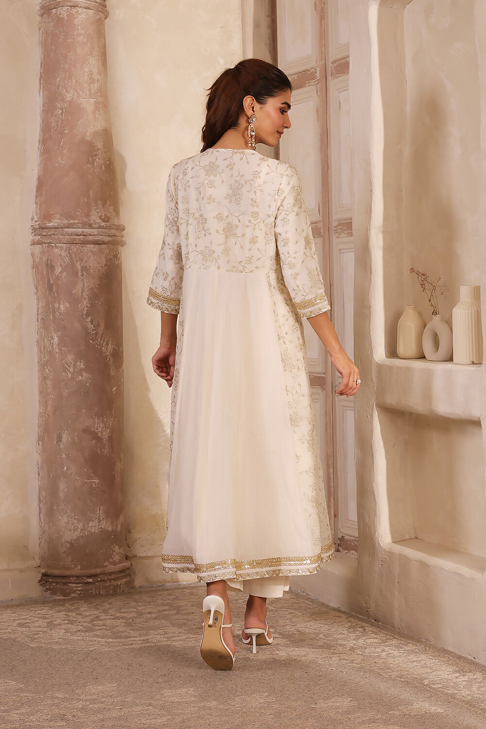 Natural White Embroidered Anarkali Fusion Set image number 4