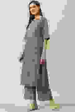 Grey Printed Cotton Straight Kurta Palazzo Suit Set image number 3