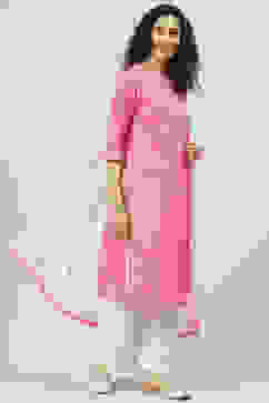 Pink Printed Cotton Straight Kurta Palazzo Suit Set image number 6