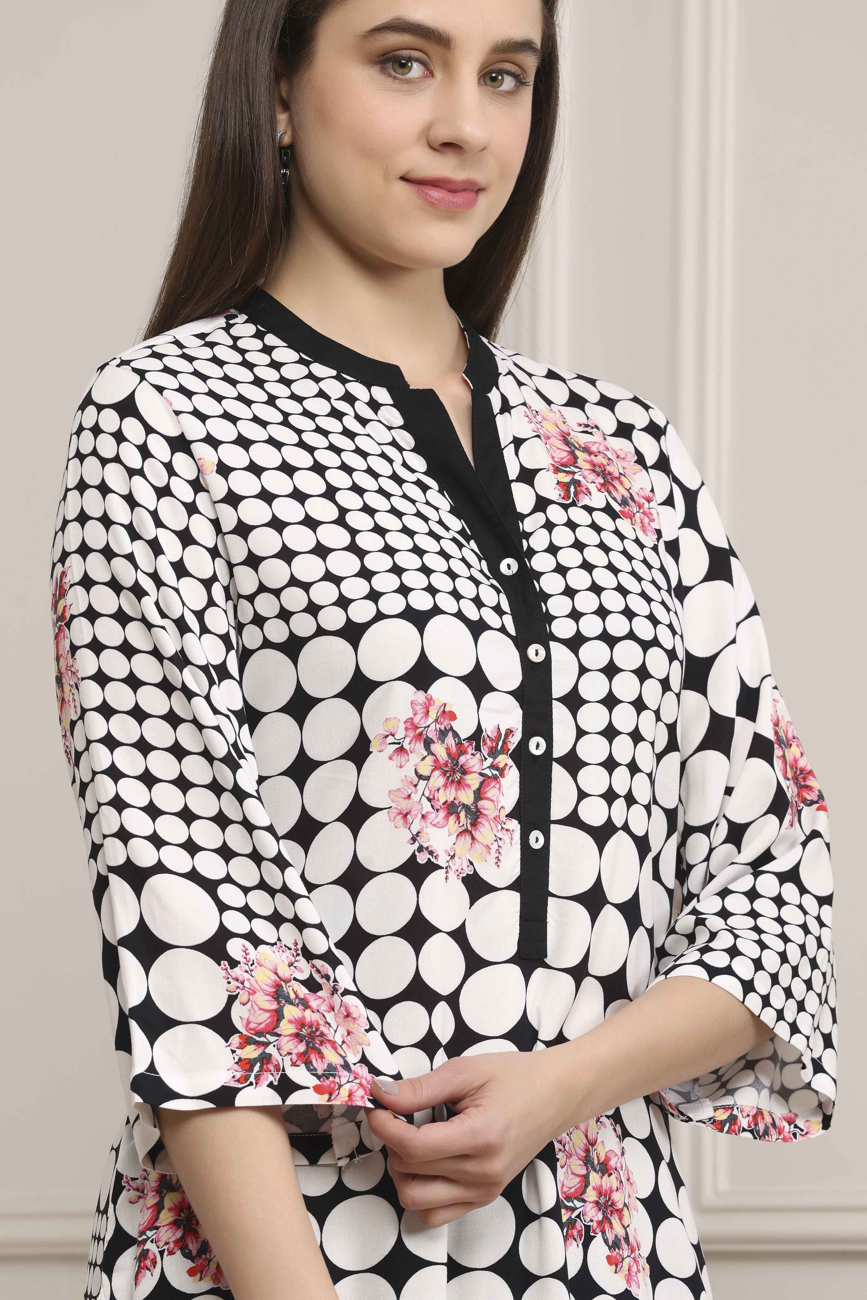 Black and White Printed Straight Suit Set image number 1