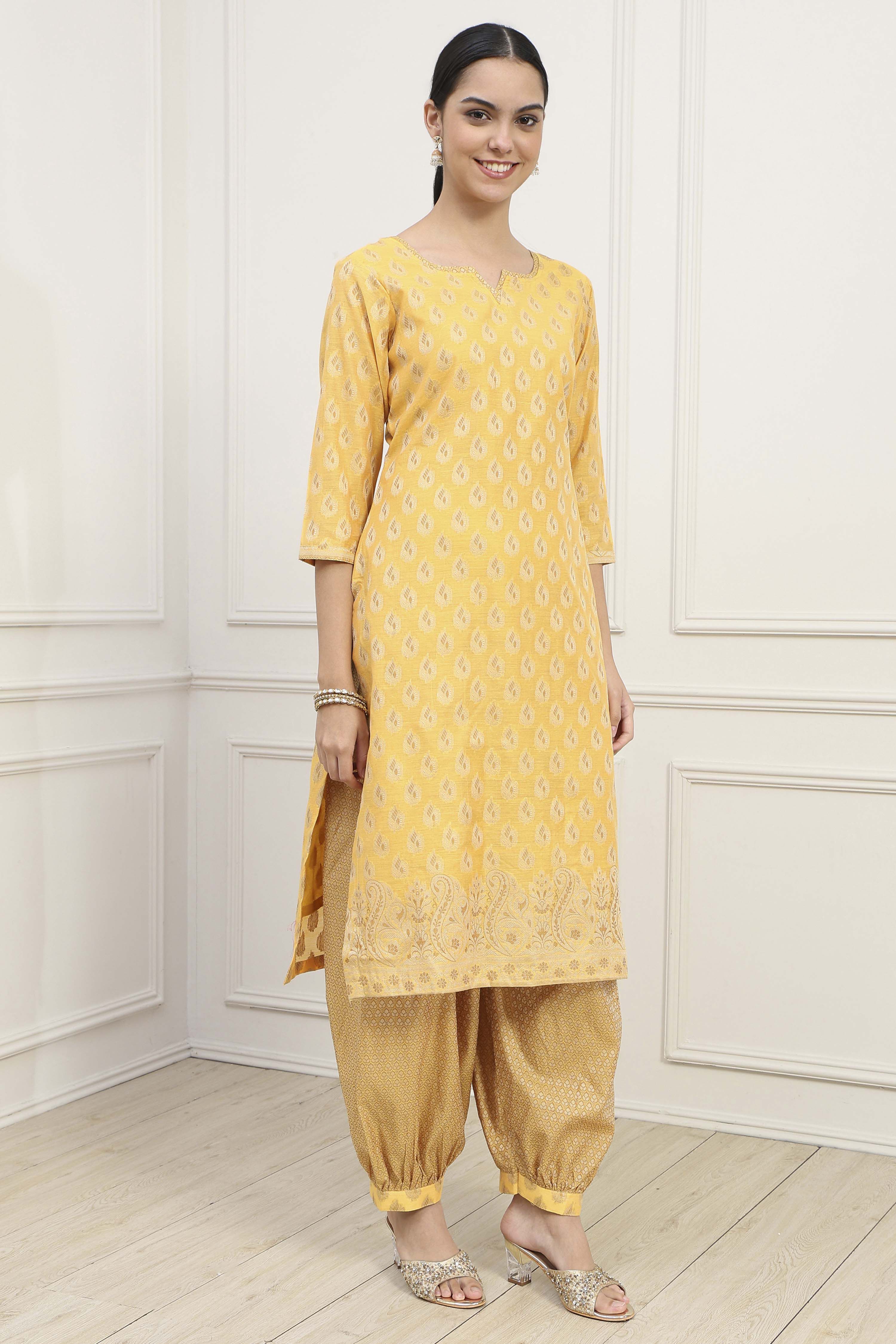 Mustard Chanderi Blend Brocade Unstitched Suit Set image number 6
