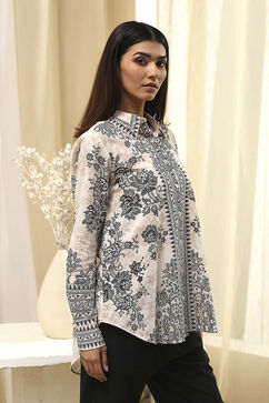 Off-White and Black Cotton Printed Straight Shirt image number 4