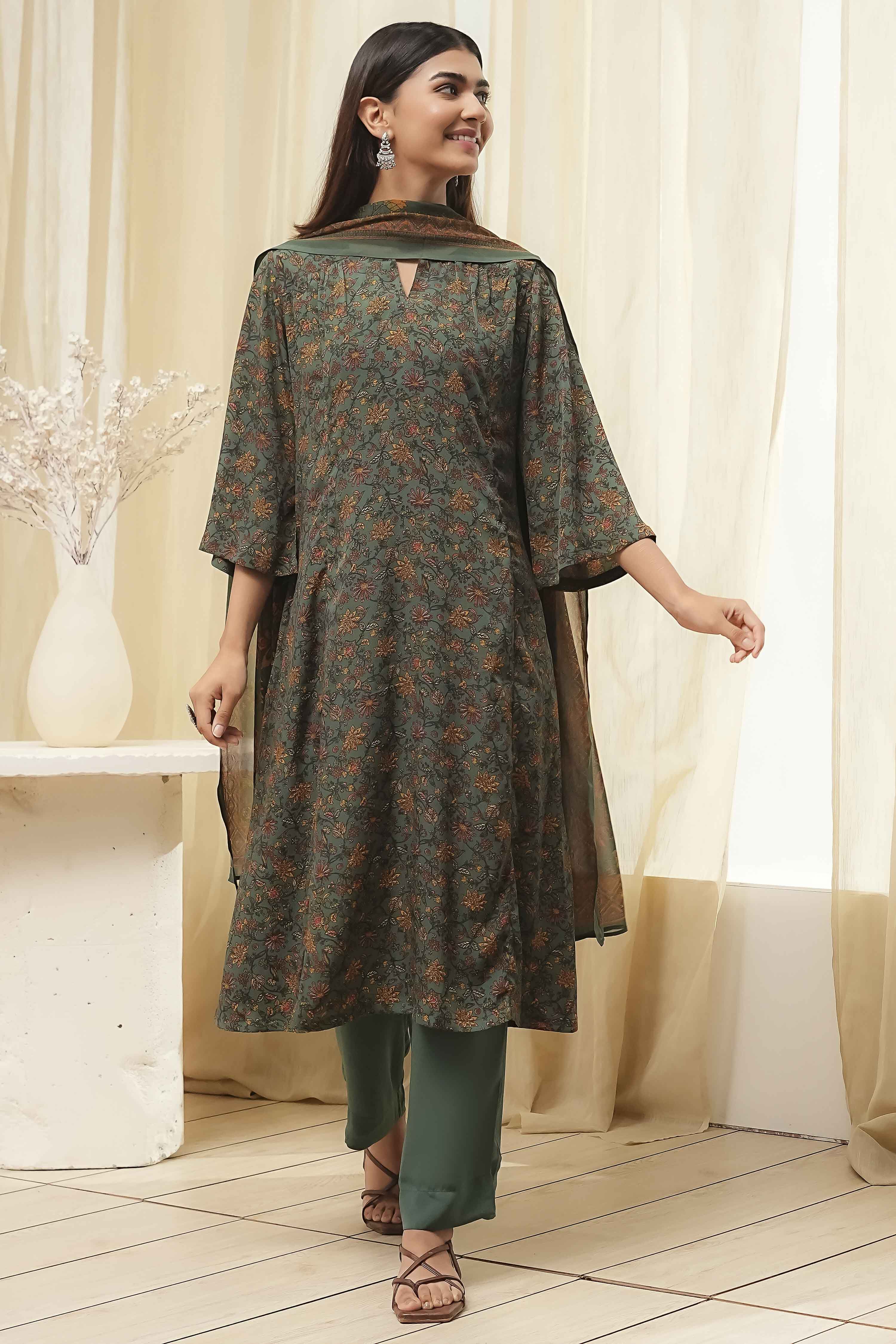 Green Art Silk Straight Suit Set image number 6