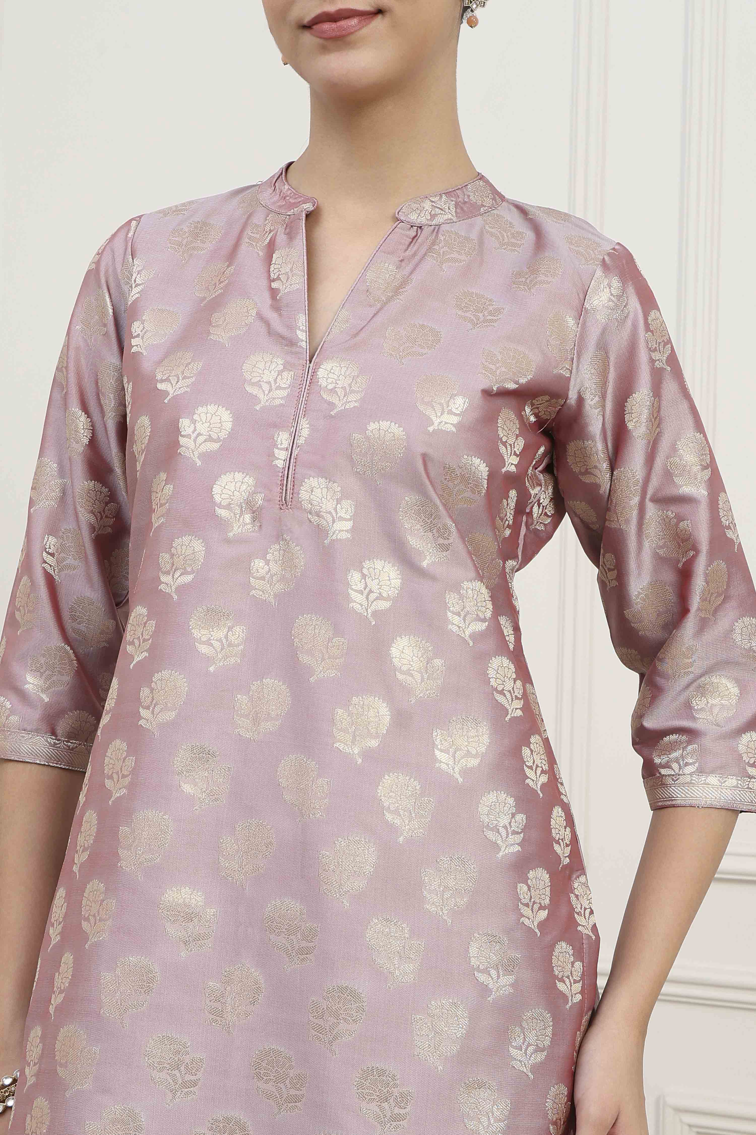 Purple Silk Blend Banarasi Unstitched Suit Set image number 2