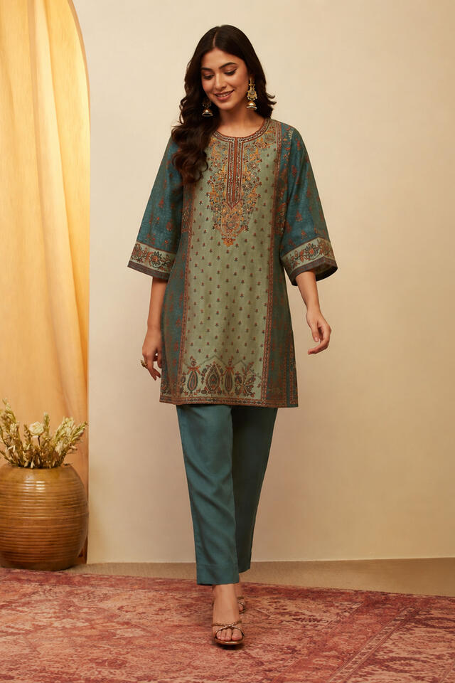 BIBA Viscose Blend Printed Straight Semi-Formal Kurta With Palazzo in Green