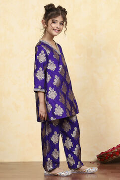 Purple Polyester Textured Flared Kurta Pants Set image number 5