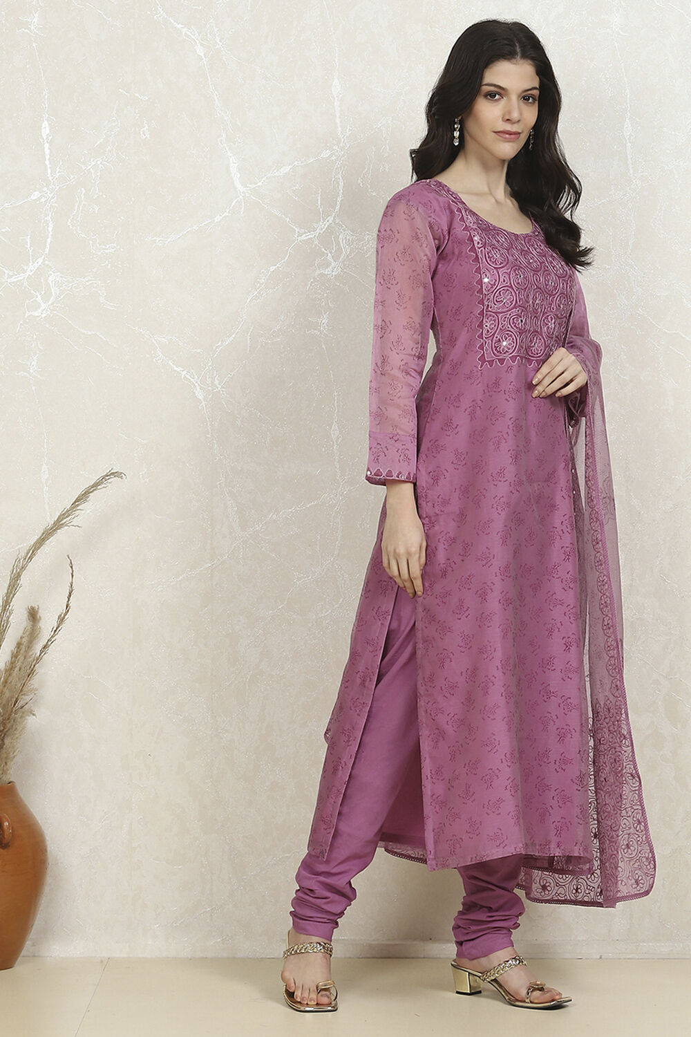 Purple Net Hand Embroidered Unstitched Suit Set image number 6