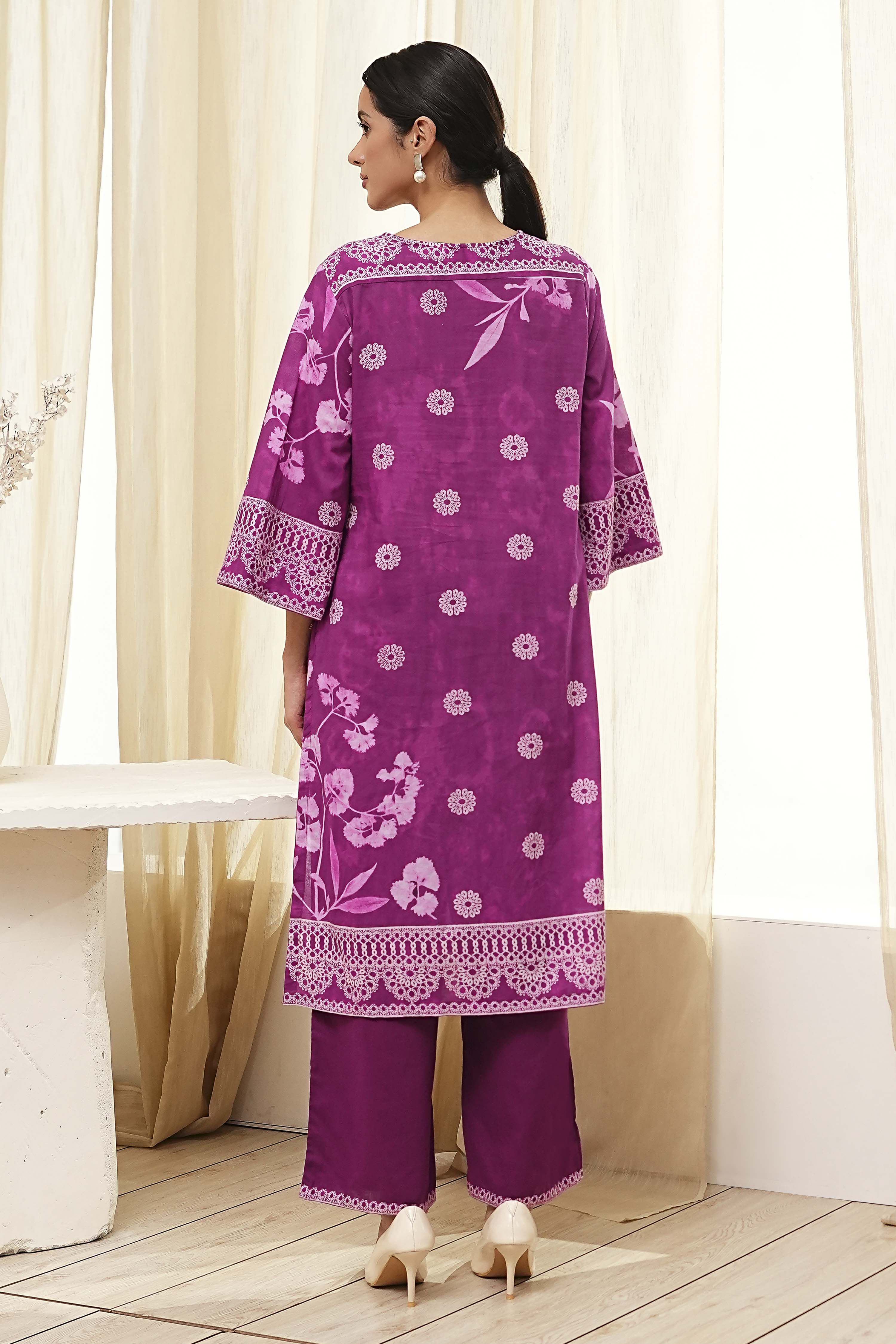 Berry Purple Cotton Straight Suit Set image number 4