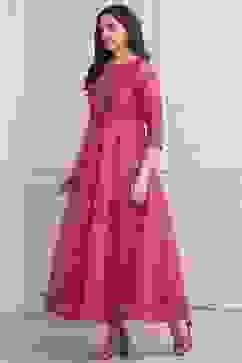 Pink Cotton Blend Flared Printed Dress image number 2