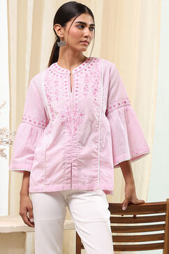 Pink Cotton Striped Straight Short Kurta image number 6