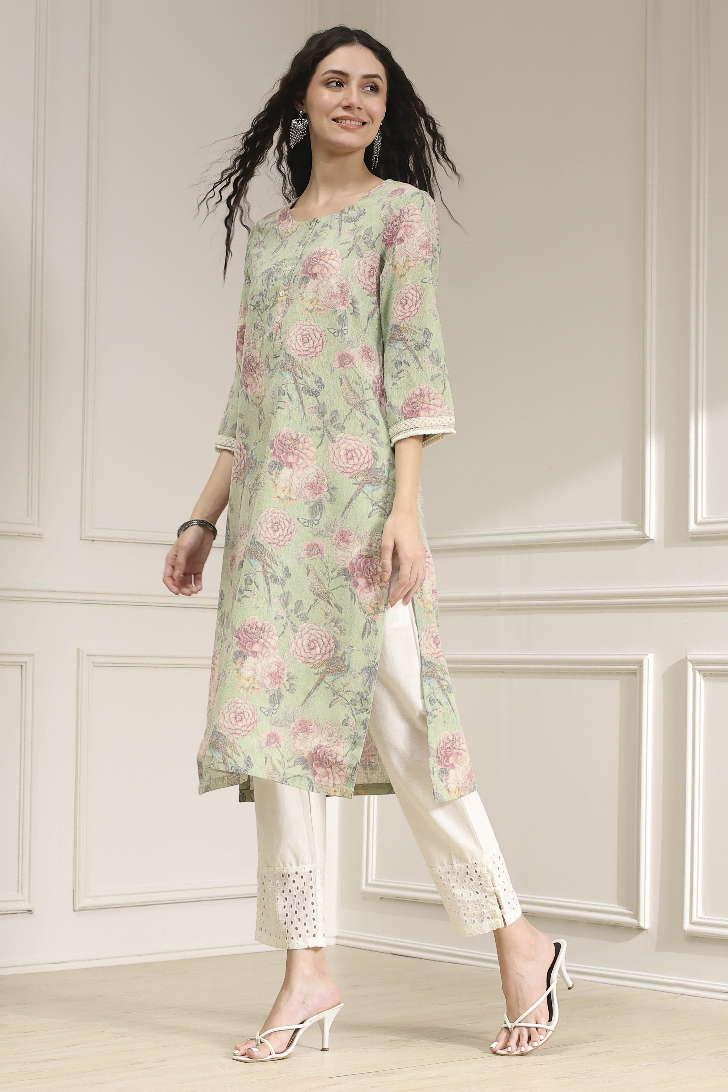 Light Green Cotton Blend Printed Straight Kurta image number 2