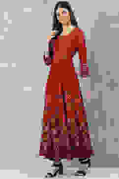 Red Rayon Flared Printed Kurta image number 2