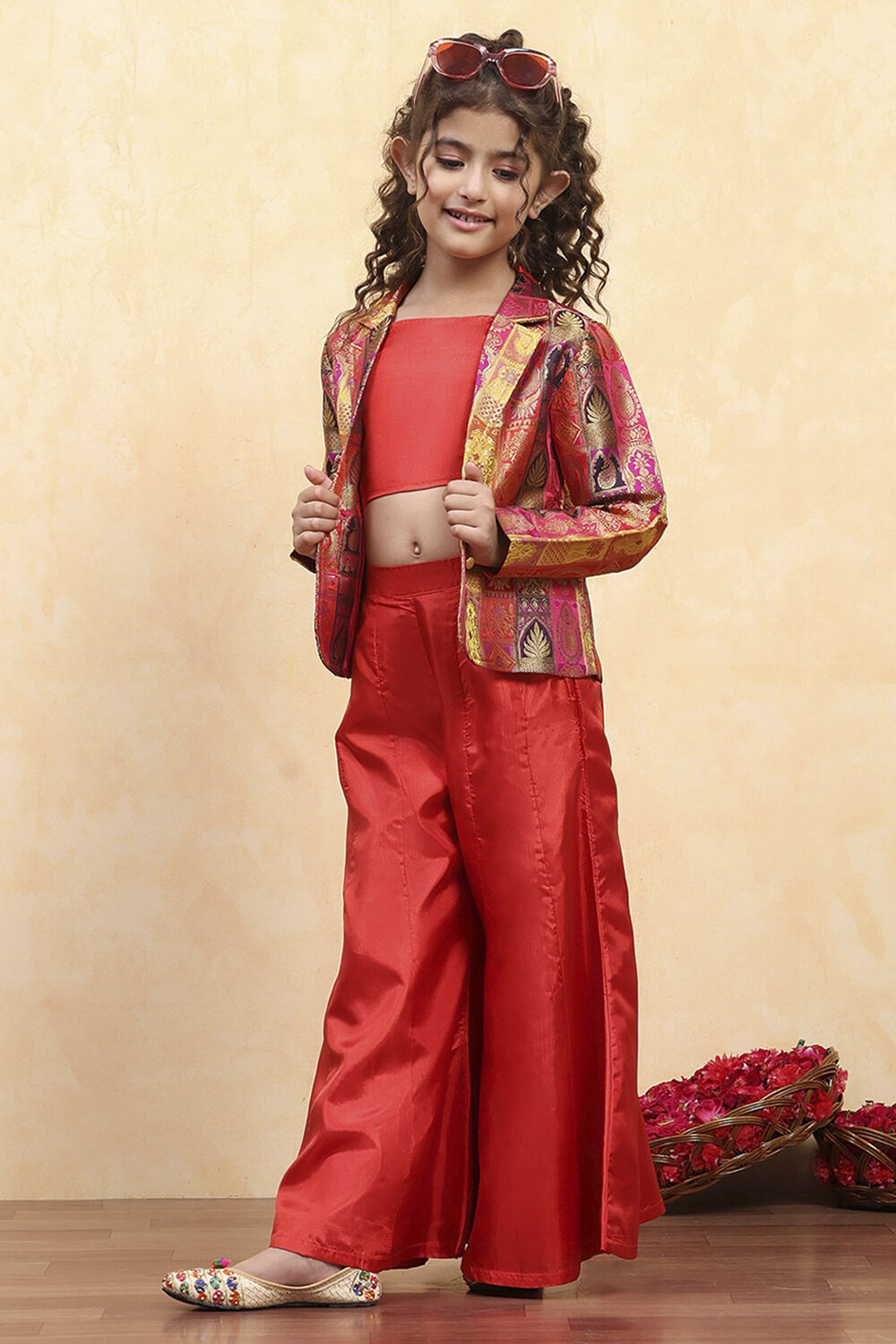 Pink Brocade Yarndyed Fitted 3 Piece Set image number 0