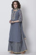 Grey Poly Cotton Straight Kurta Sharara Suit Set image number 4