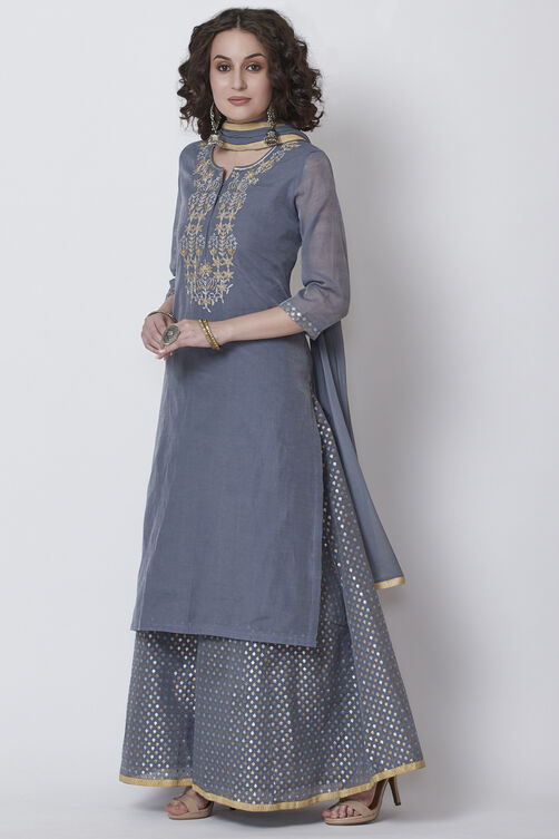 Grey Poly Cotton Straight Kurta Sharara Suit Set image number 4