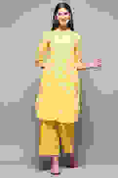 Yellow Cotton Straight Kurta Palazzo Suit Set image number 0