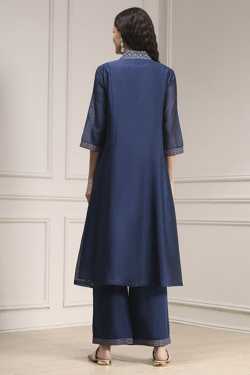 Blue Chanderi Gathered Dyed Suit Set image number 4
