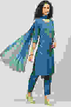 Teal Art Silk Straight Kurta Slim Pant Suit Set image number 6