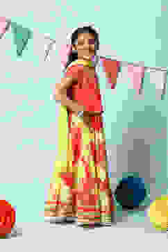 Red & Lime Green Cotton Short Top Lehenga Set image number 6