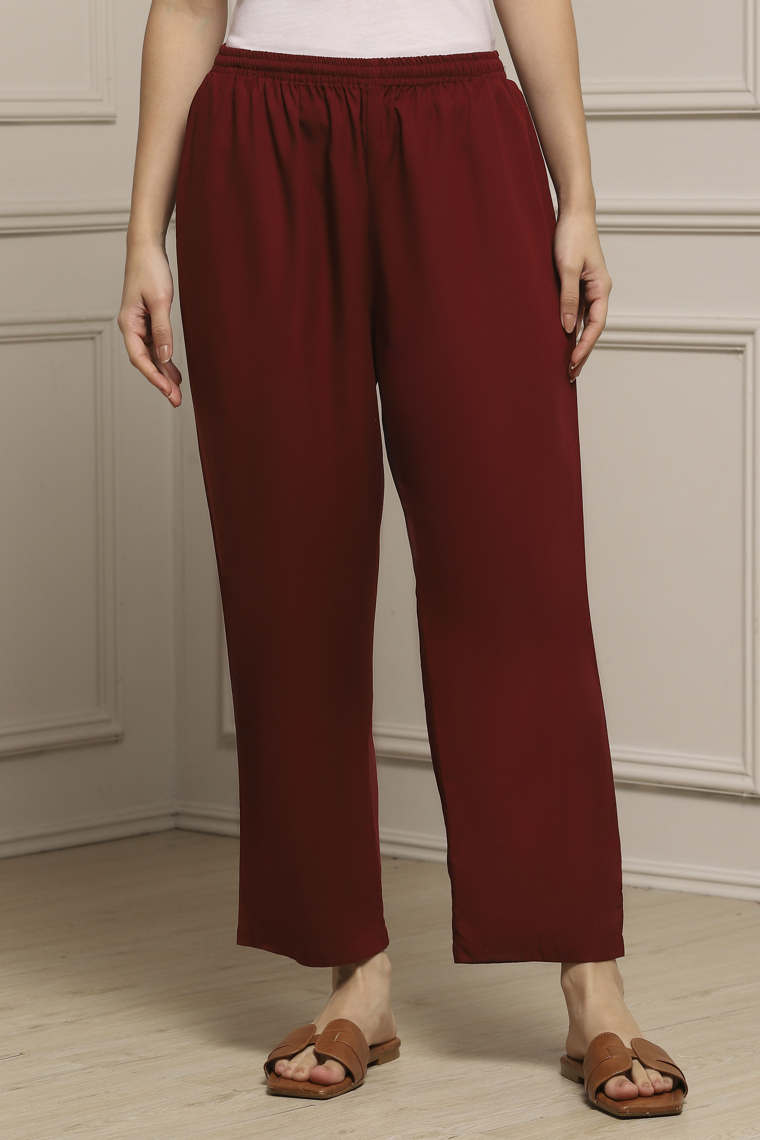 Green-Maroon Viscose Rayon Relaxed Solid Pants image number 4