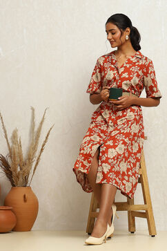 Rust Pure Cotton Floral Printed Straight Dress image number 0