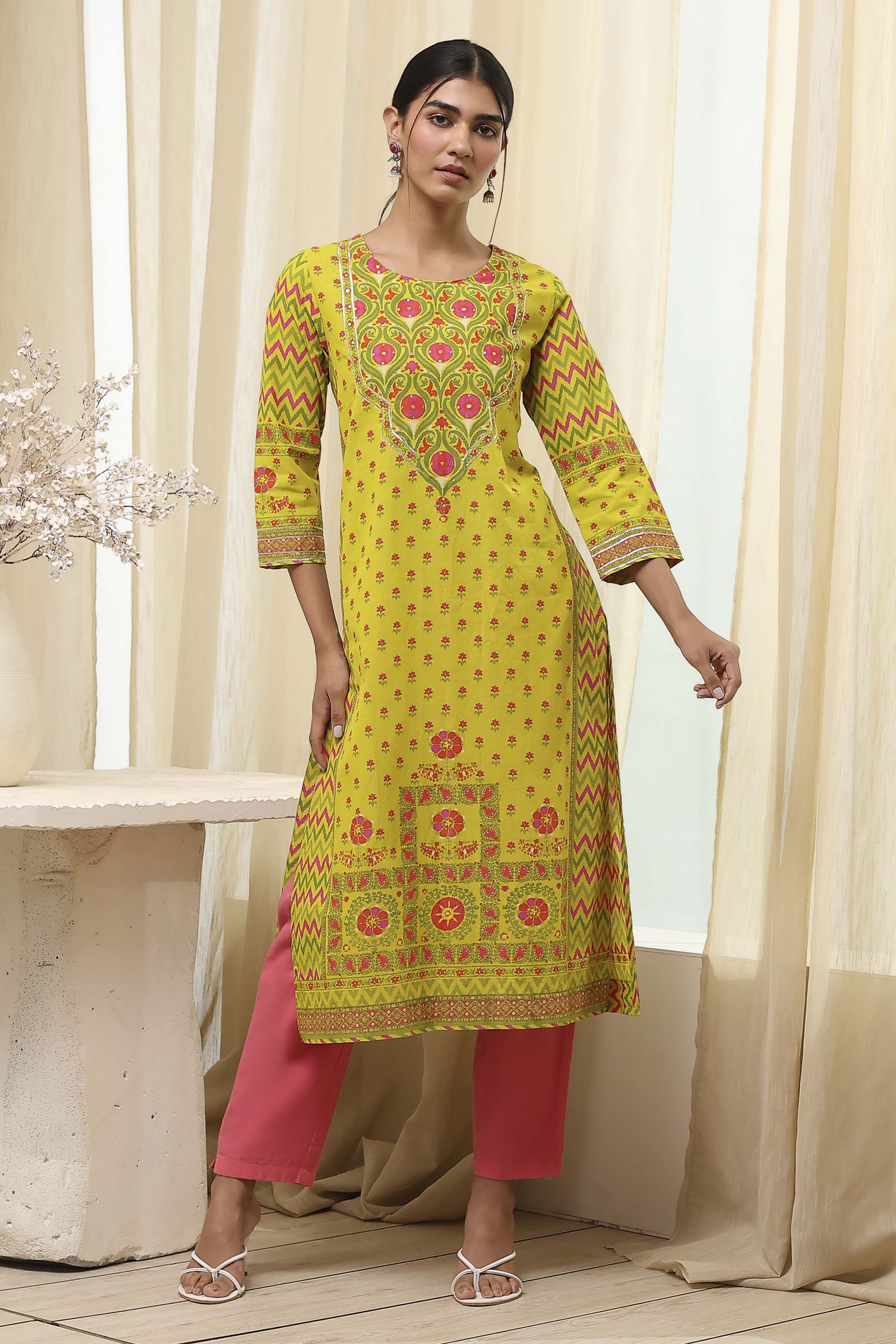 Green Cotton Printed Straight Kurta image number 0