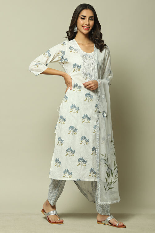 Off White Cotton Hand Block Print Unstitched Suit Set image number 6
