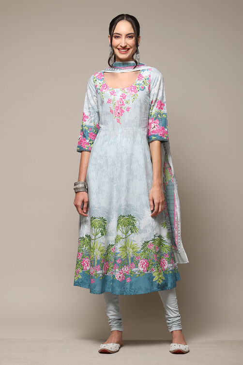Powder Blue Cotton Anarkali Suit Set image number 7